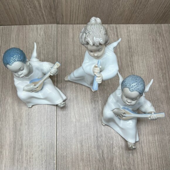 Lladro Angel Figurines Flute & Lute Musicians Porcelain Cherub Set of 3 White - Picture 4 of 16